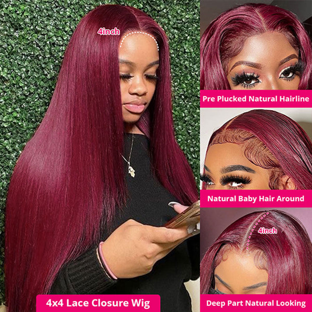 99J Straight Lace Closure Human Hair Wigs Red Colored Transparent 4x4/13x4 Lace Front Wig With Baby Hair-Zlike