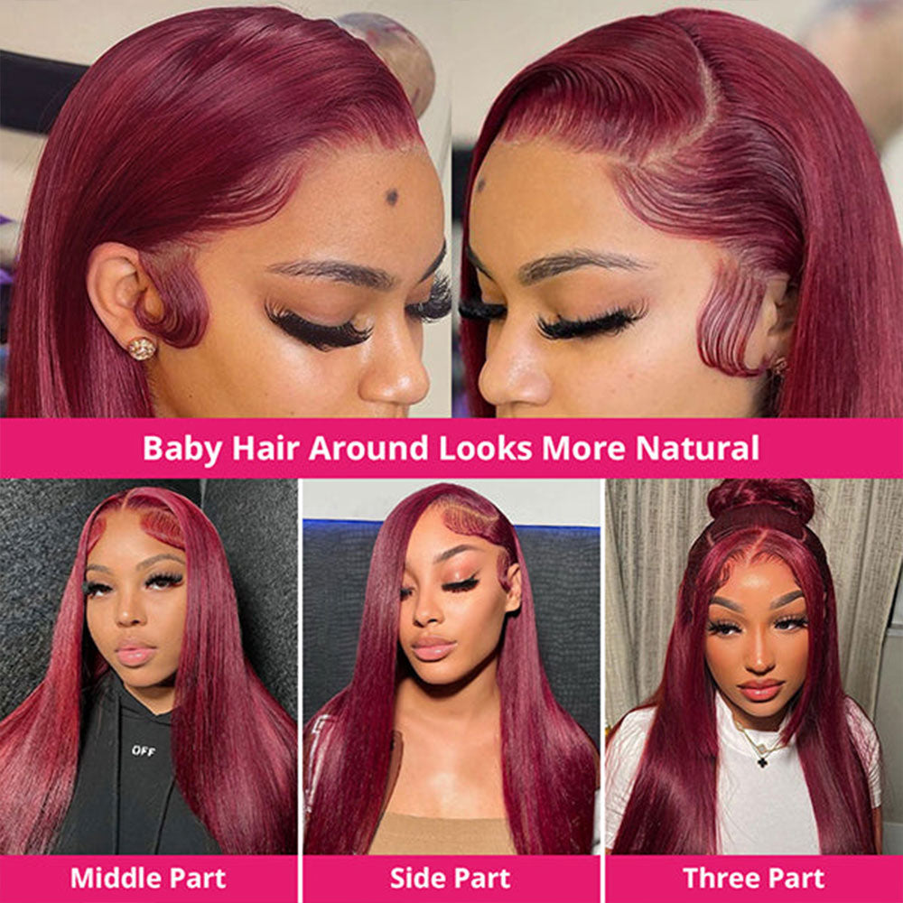 99J Straight Lace Closure Human Hair Wigs Red Colored Transparent 4x4/13x4 Lace Front Wig With Baby Hair-Zlike