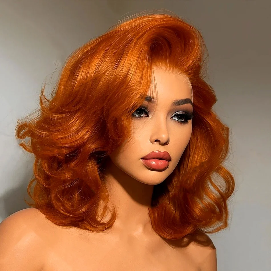 Zlike Orange Ginger Colored Short Wavy Pre-Cut Glueless Human Hair Bob Wigs