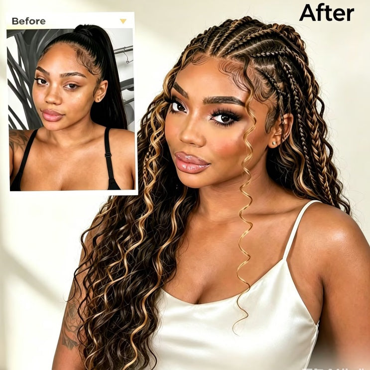 Zlike 13x6 Lace Front Braided Wig Cornrow Curly Boho Braids Wig with Face Framing Layers Pre-Plucked Glueless Lace Frontal Wig with Baby Hair