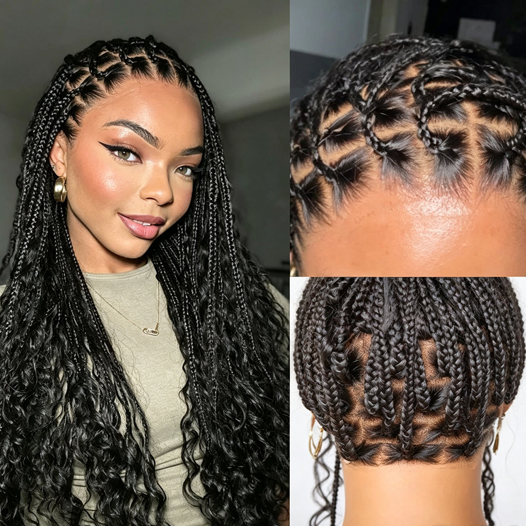 Zlike Light Weight Flexi-Fit Invisi Drawstring Cap Full Lace Knotless Boho Curls Braided Long Wig Super Natural Scalp Pre-Cut Lace