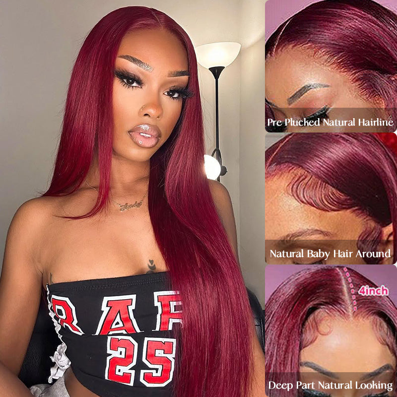 Pre Plucked 99J Red Colored Straight Transparent Lace Front Human Hair Wigs Natural Hairline