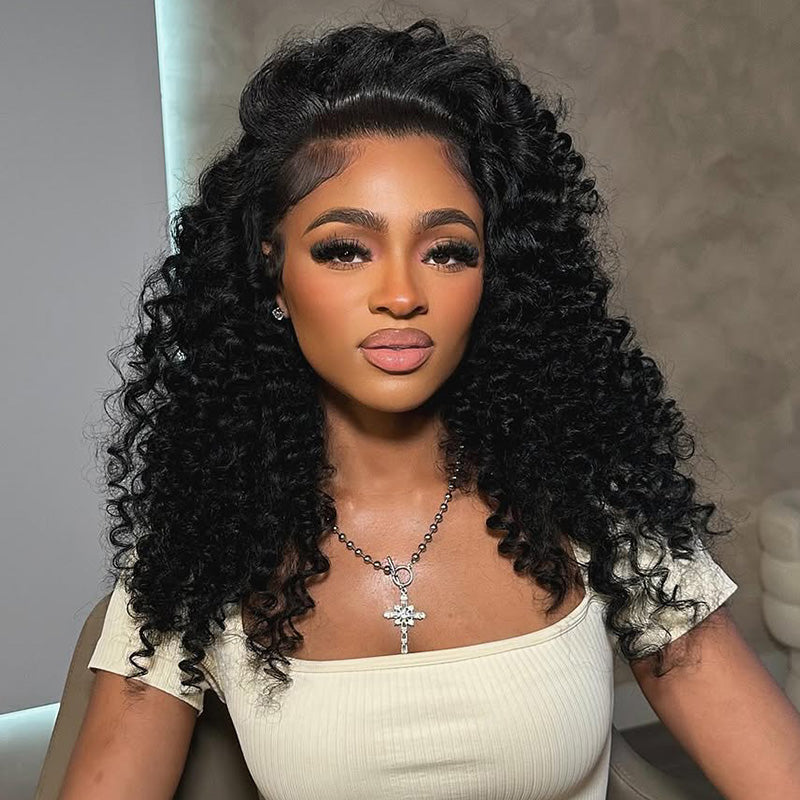 Super Bouncy Deep Curly Lace Wig Bleached Knots Human Hair 250% Density Transparent Lace Closure Wigs