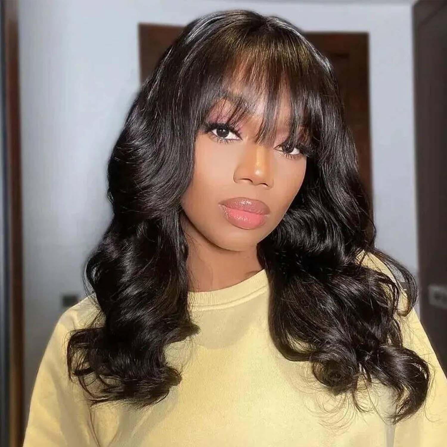 Put On And Go Glueless Body Wave With Bangs Top Lace Wig 100% Human Hair Wigs