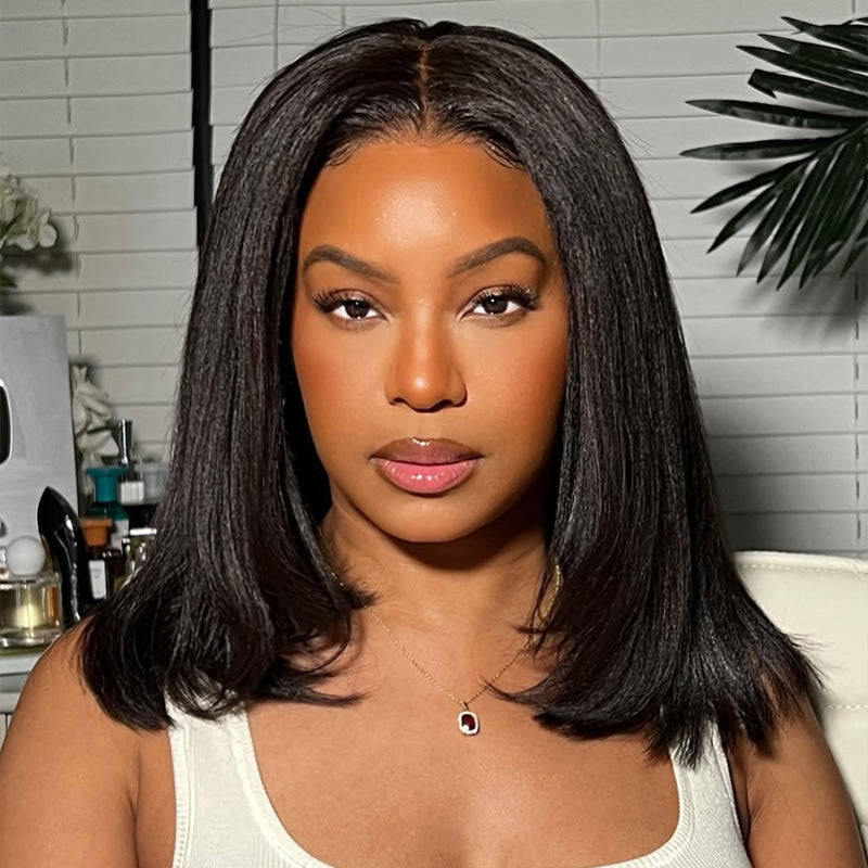 300% Density Bob Lace Wig Pre Cut Straight Human Hair Lace Closure Wigs Bleach Knots