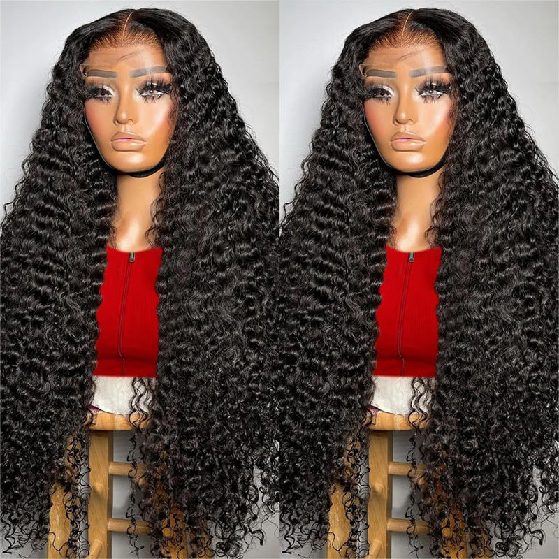 300% Density Deep Curly Transparent Lace Front Wigs Thick Fluffy Virgin Human Hair Wigs