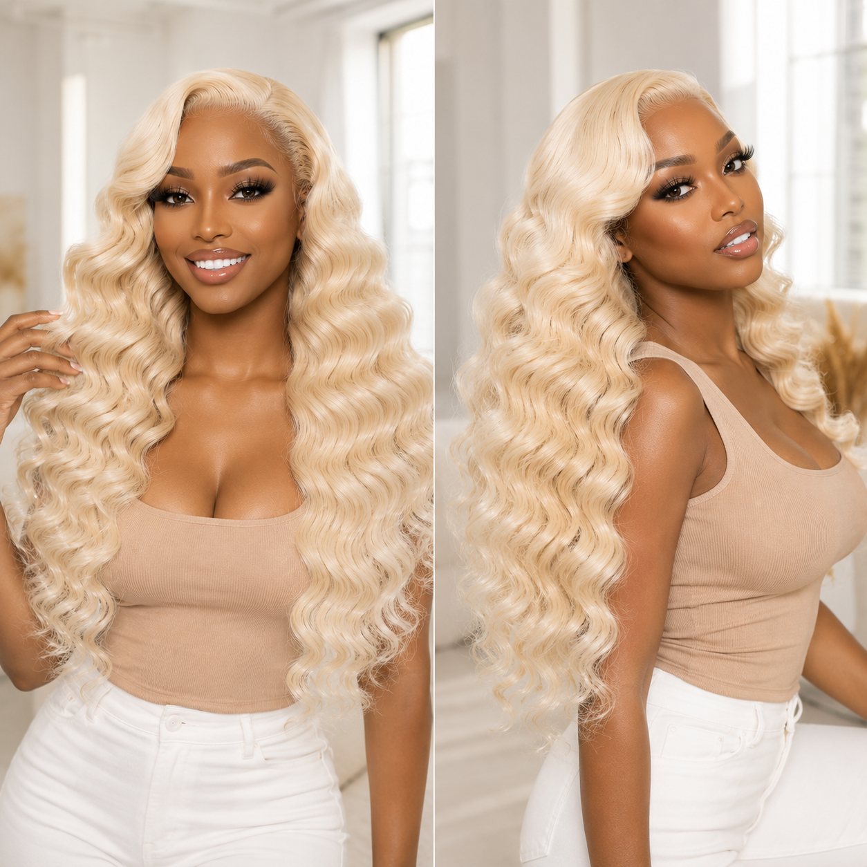 Zlike 300% Density #613 Blonde Wigs Bouncy Wavy Lace Wig 100% Human Hair Transparent Lace Front Wigs