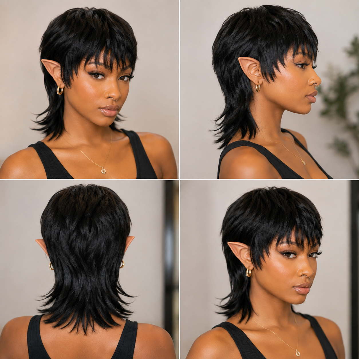 Zlike Elf Ear Mullet Pixie Cut Straight Human Hair Wig Catfish-Inspired Short Wig for Women Natural Black