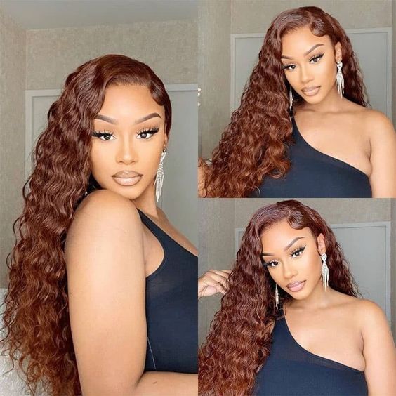 [BOGO] #33 Reddish Brown Water Wave Lace Front Human Hair Wigs With Baby Hair For Women