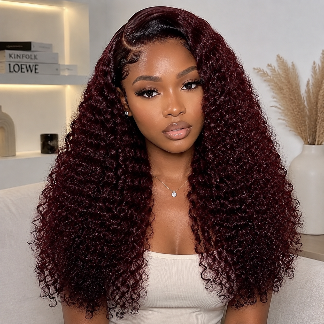 Zlike 300% Density Ombre 99J Burgundy Curly Human Hair Wig Transparent Lace Front Glueless Wig