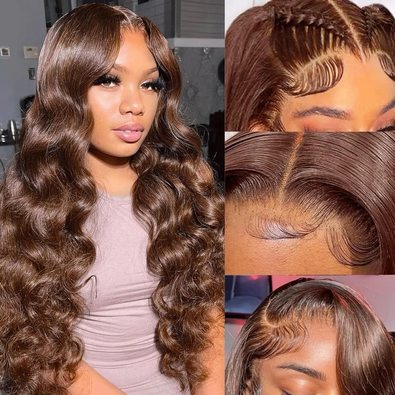 Zlike #4 Chocolate Brown Body Wave Wig Lace Front Human Hair Wigs Natural Hairline