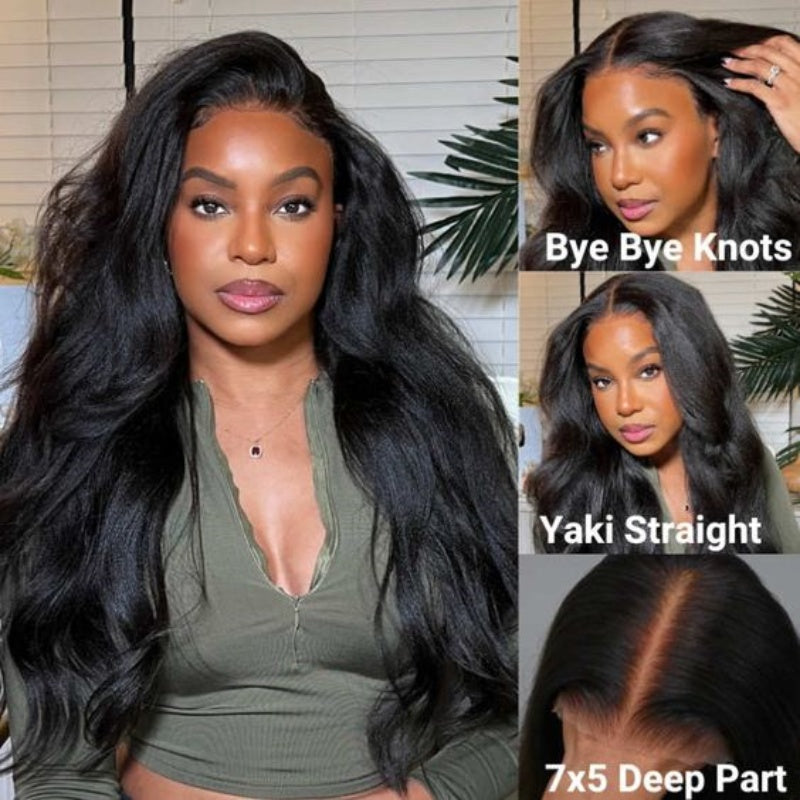 Glueless Lace Closure Wigs Yaki Straight Pre Cut Wear Go Human Hair Wigs With Baby Hair