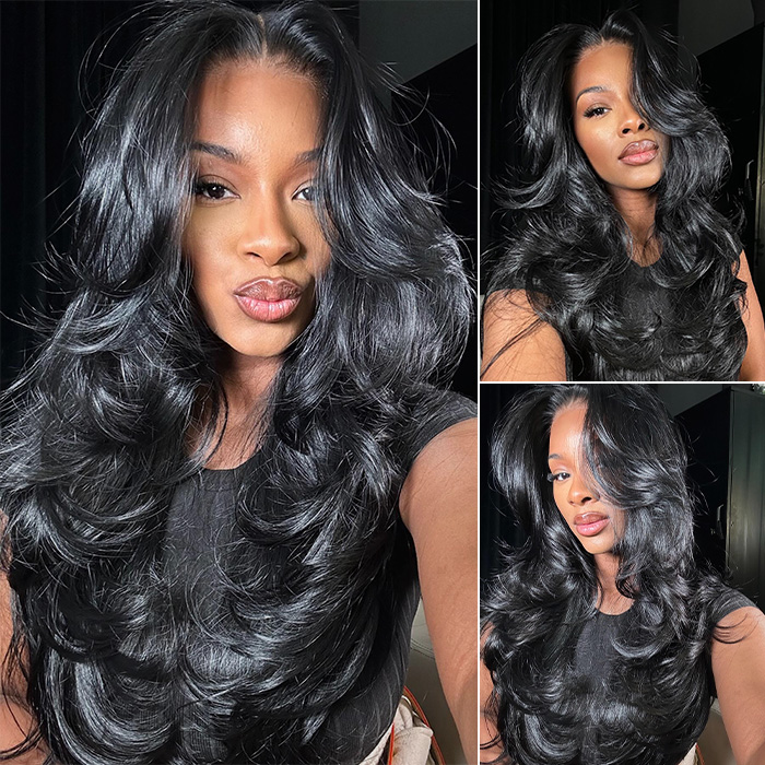 Zlike Butterfly Haircuts Layered Cut Loose Wave Wigs Pre-styled Human Hair Glueless Wigs With Drawstring
