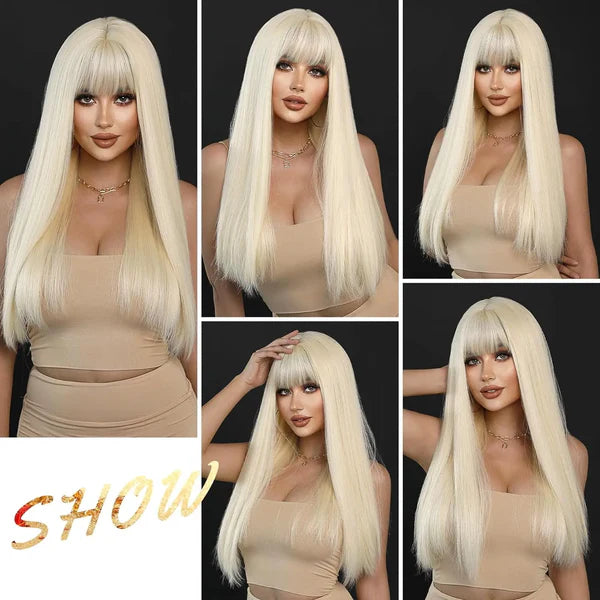 613 Blonde Straight Top Lace Wig With Bangs Natural Color Straight Glueless Human Hair Wigs