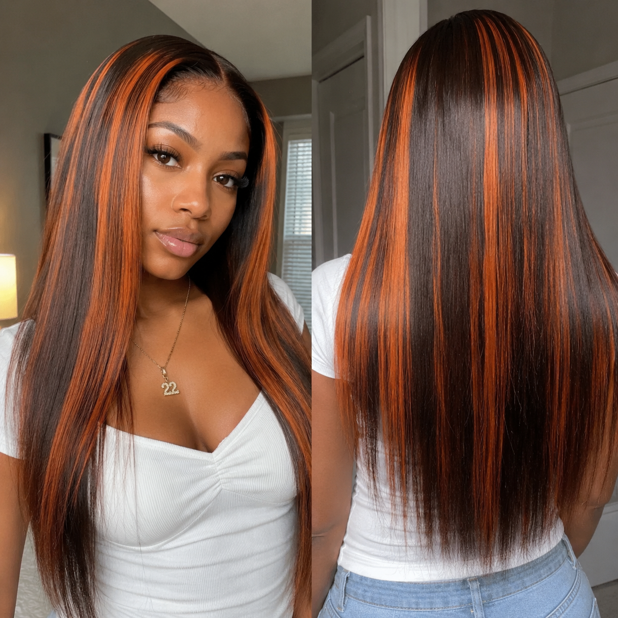 Zlike Pull Go 13x4 Lace Straight Auburn Ginger Highlight Glueless Wig with Drawstring Human Hair