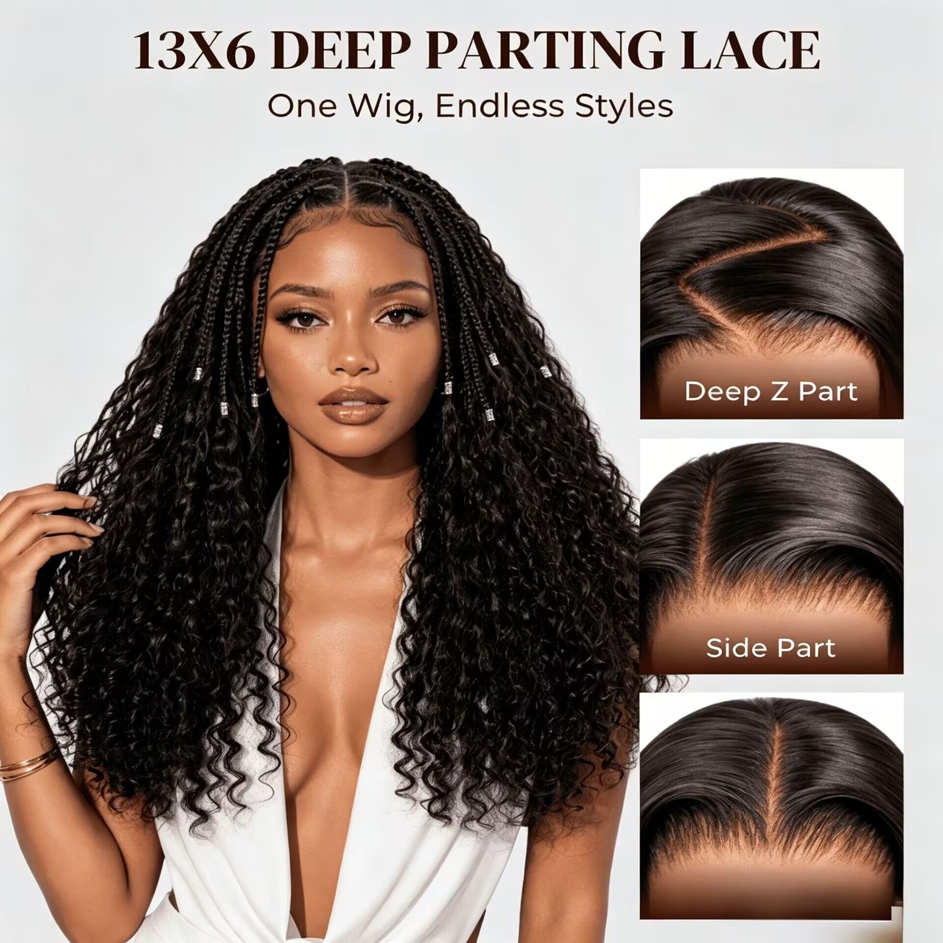 Zlike Knotless Box Braids 13x6 Lace Frontal Boho Deep Curly Glueless Wig With Drawstring Natural Black 100% Human Hair
