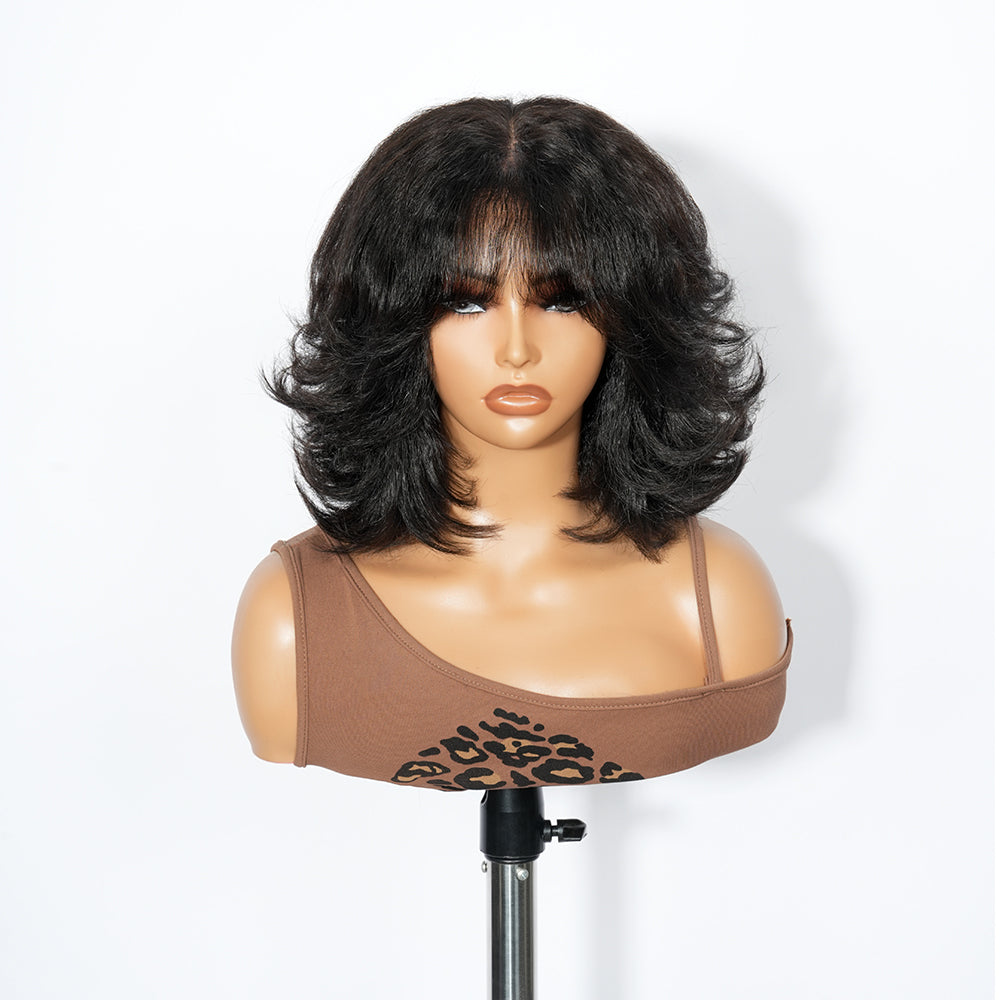 Zlike Wolf Cut Yaki Bob Wig with Wispy Bangs 100% Human Hair Lace Front Wig