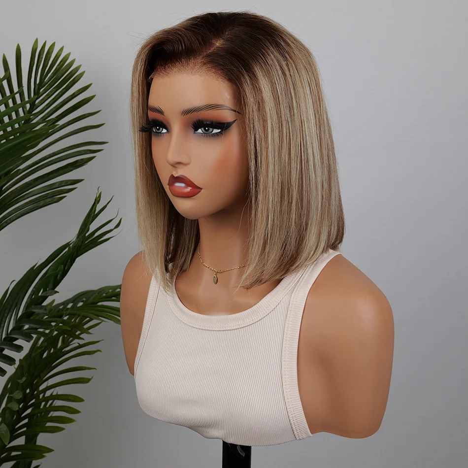 Zlike Mushroom Blonde Highlight Bob Wig With Dark Roots Glueless Lace Front Human Hair Wig Natural Looking