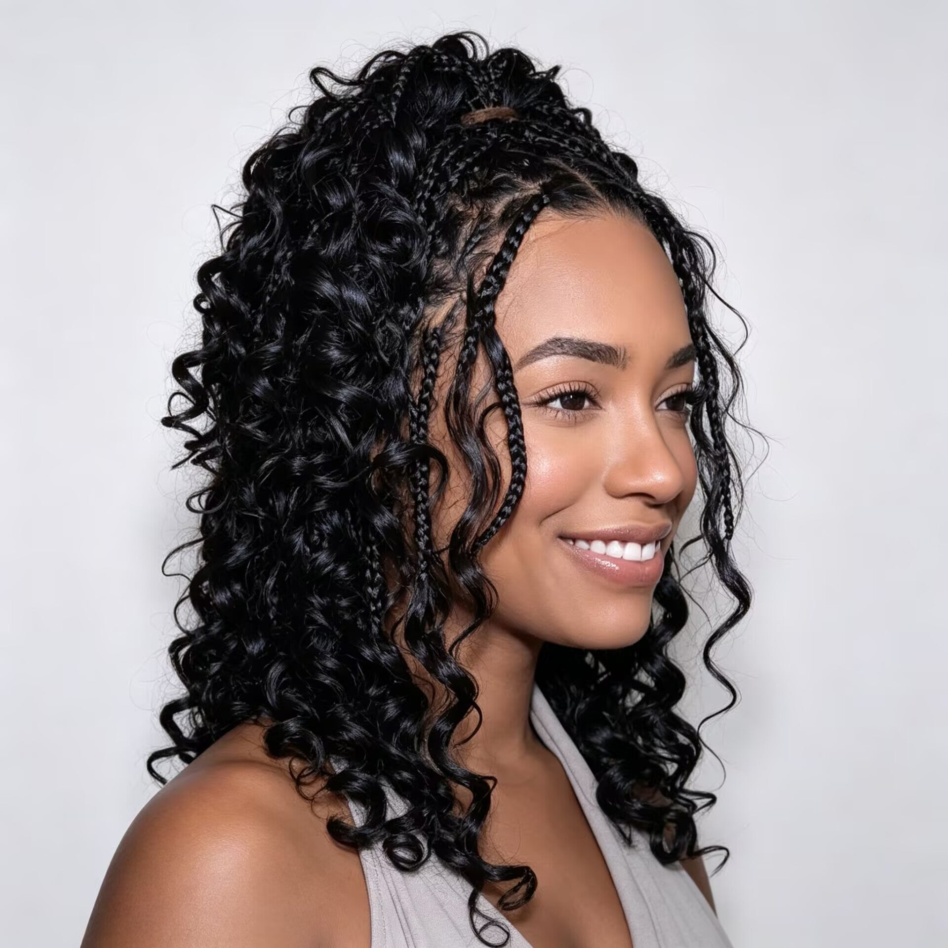 Zlike 7x5 Lace Front Boho Braids Wig with Boho Spiral Curls, Human Hair Glueless Pre Plucked Natural Black