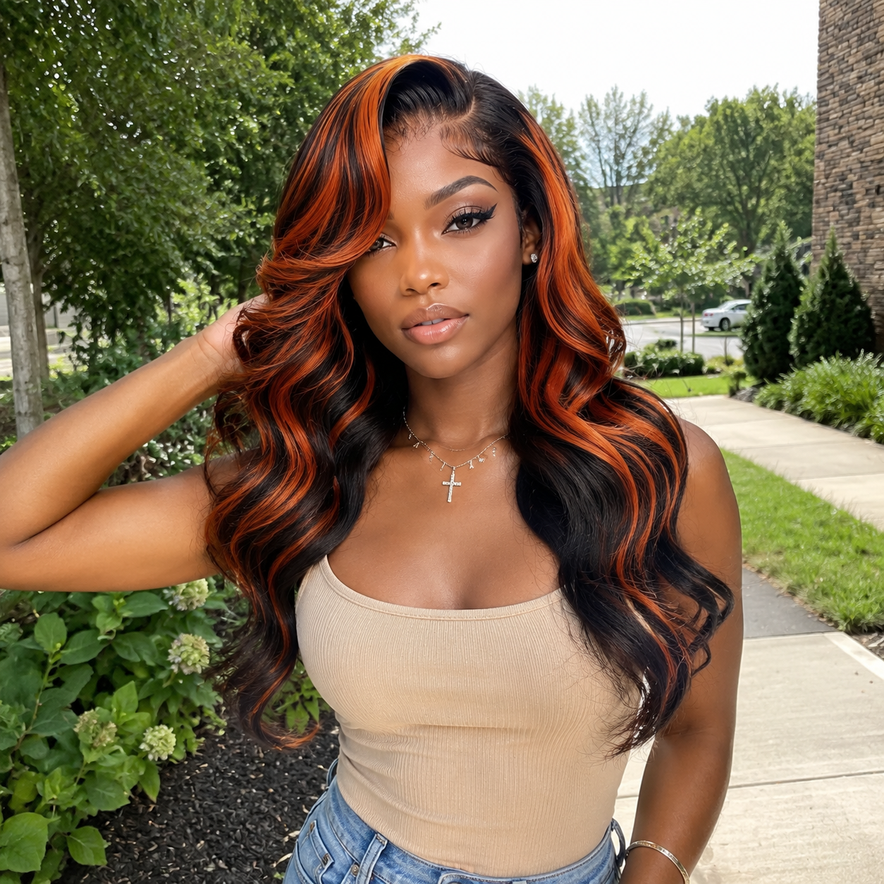 Zlike Ginger Highlight Brown Bob Wig Layer Cut Pre-Styled Body Wave Short Human Hair Wig Transparent Lace Glueless Wig