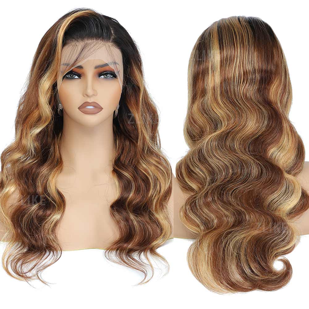 Black Roots Body Wave 4/27 Ombre Highlight Transparent Lace Front Human Hair Wigs