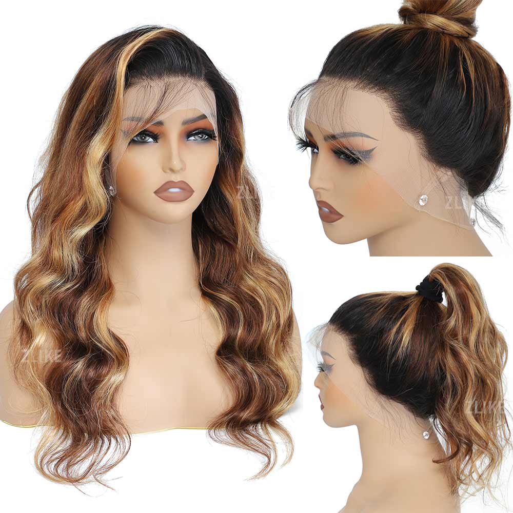 Body Wave Black Roots 4/27 Ombre Highlight Transparent Lace Front Human Hair Wigs