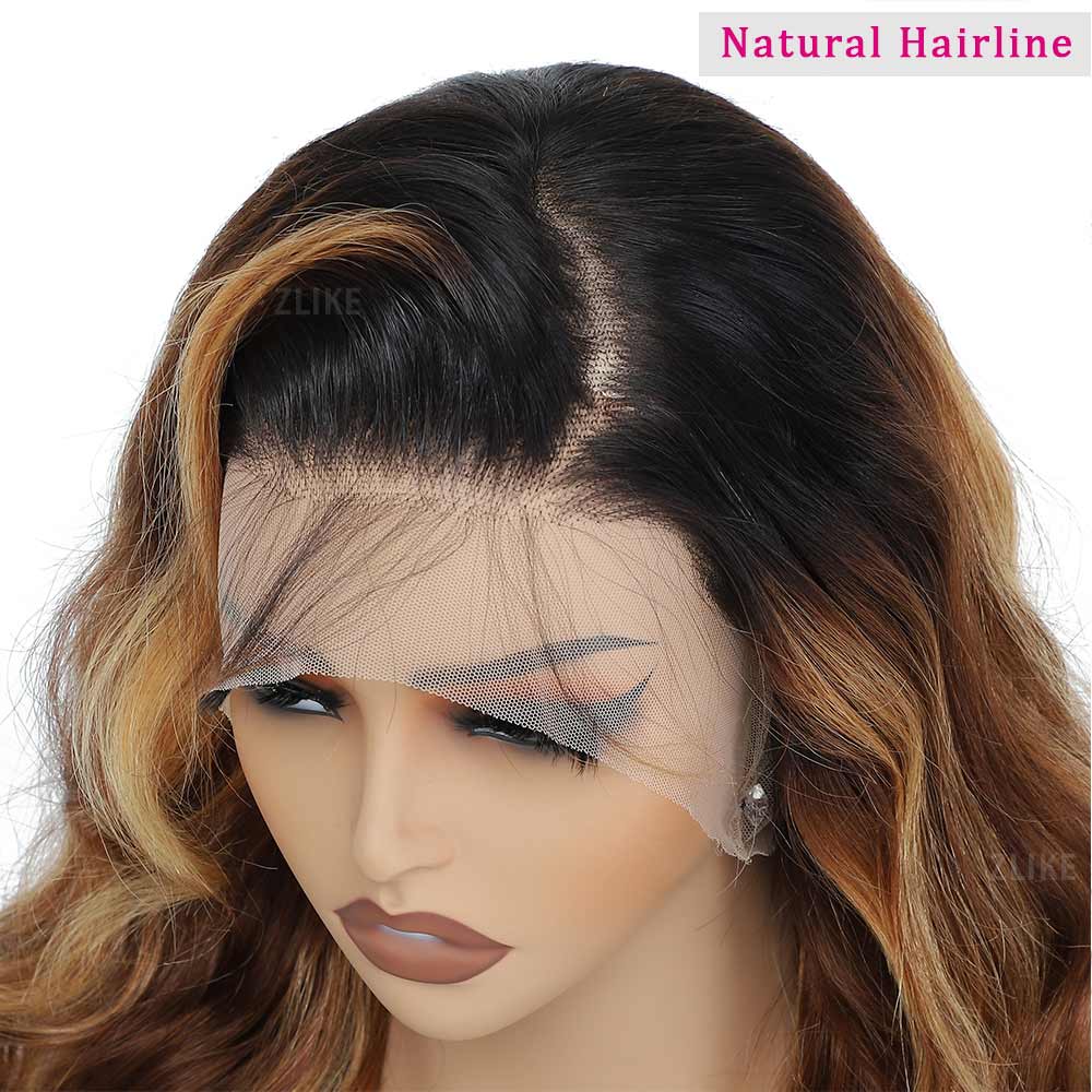 Black Roots Body Wave 4/27 Ombre Highlight Transparent Lace Front Human Hair Wigs