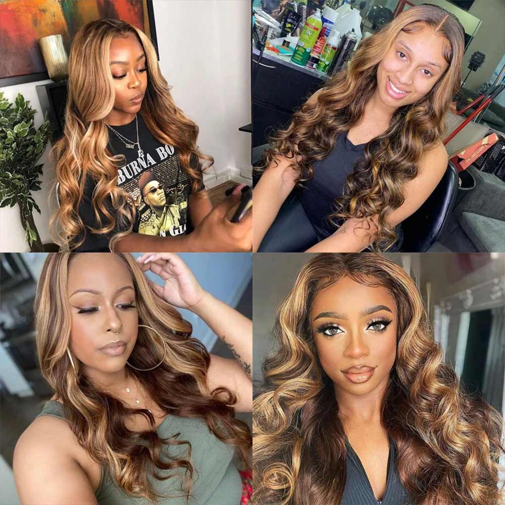 Black Roots Body Wave 4/27 Ombre Highlight Transparent Lace Front Human Hair Wigs