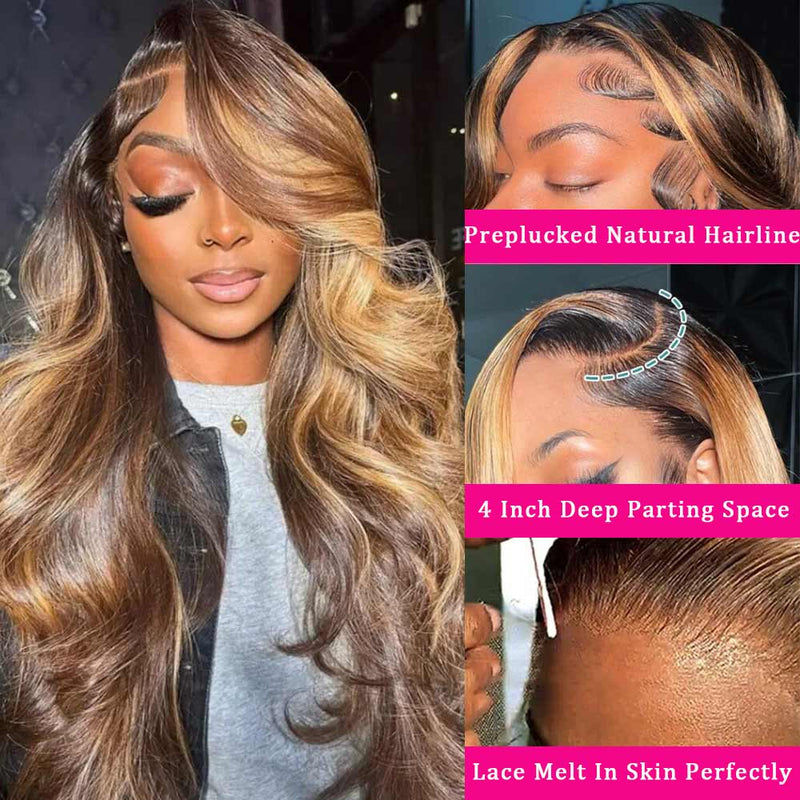 Zlike Hair Black Roots Body Wave 4/27 Ombre Highlight Transparent Lace Front Human Hair Wigs