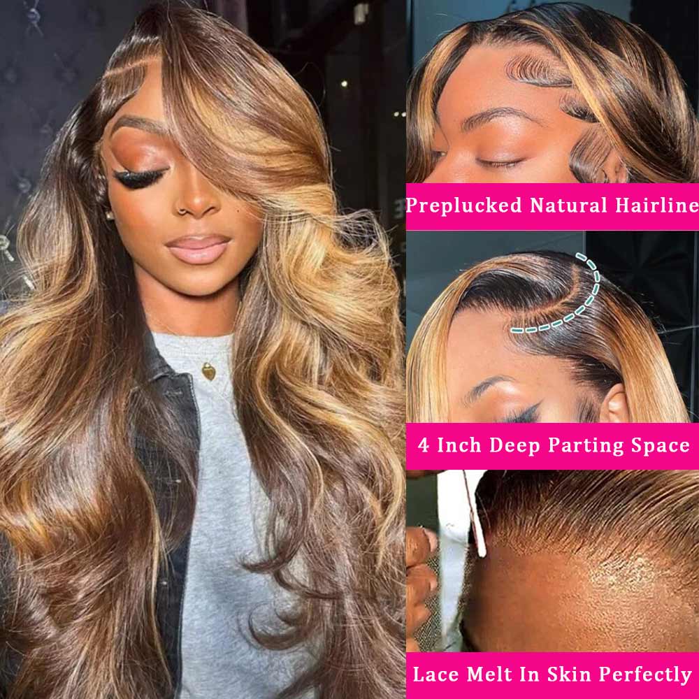 Black Roots Body Wave 4/27 Ombre Highlight HD Transparent Lace Frontal Human Hair Wigs