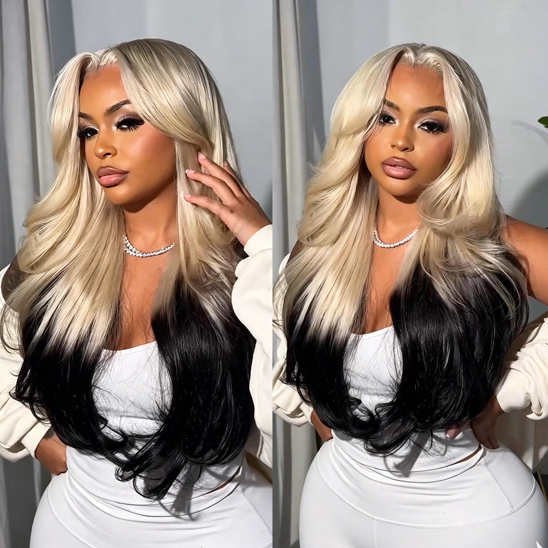 Black root blonde human hair wig with defined body wave texture and layered styling