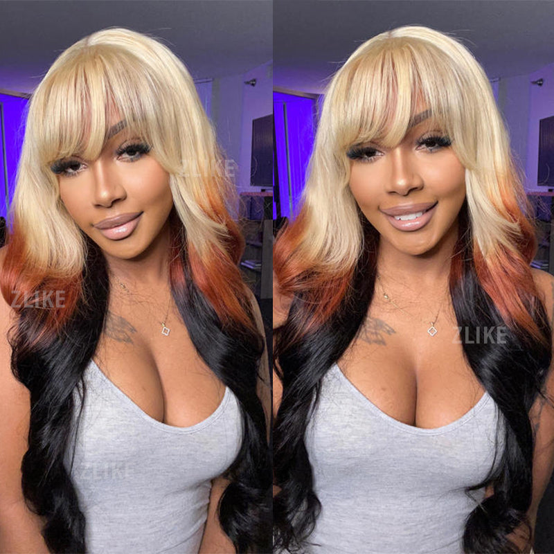 Blonde Ombre 613 Blonde Brown Body Wave Human Hair Wigs With Bangs