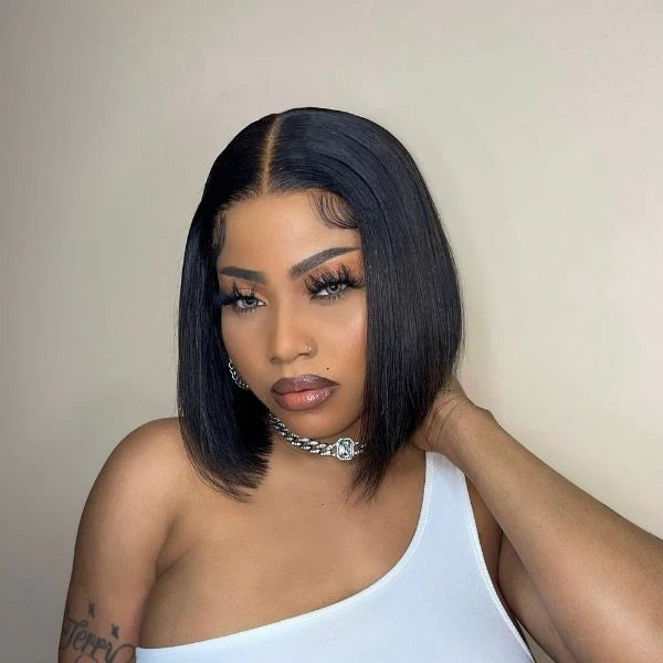 Short straight bob wig with baby hair and a natural hairline