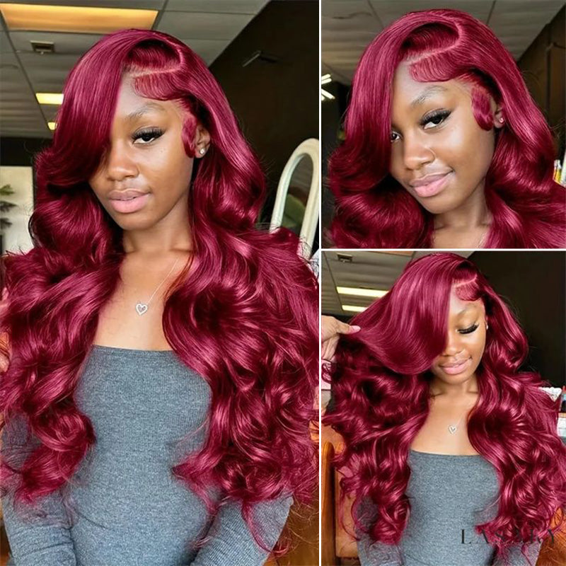 Clearance Sale | 99J Burgundy Red Colored Body Wave 100% Human Hair Transparent Lace Front Wigs