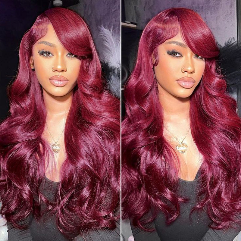 Clearance Sale | 99J Burgundy Red Colored Body Wave 100% Human Hair Transparent Lace Front Wigs
