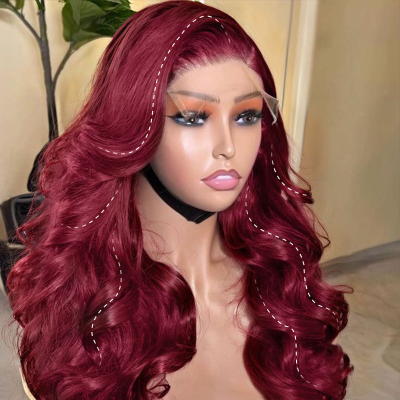 Clearance Sale | 99J Burgundy Red Colored Body Wave 100% Human Hair Transparent Lace Front Wigs
