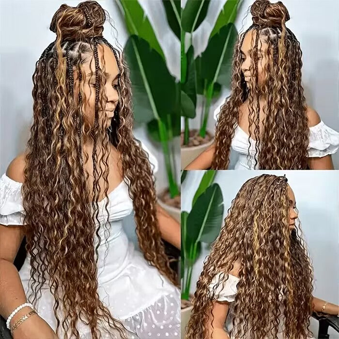 Zlike Boho Knotless Braids Human Hair Wig Highlight Water Wave 13x6 Glueless Braided Wig