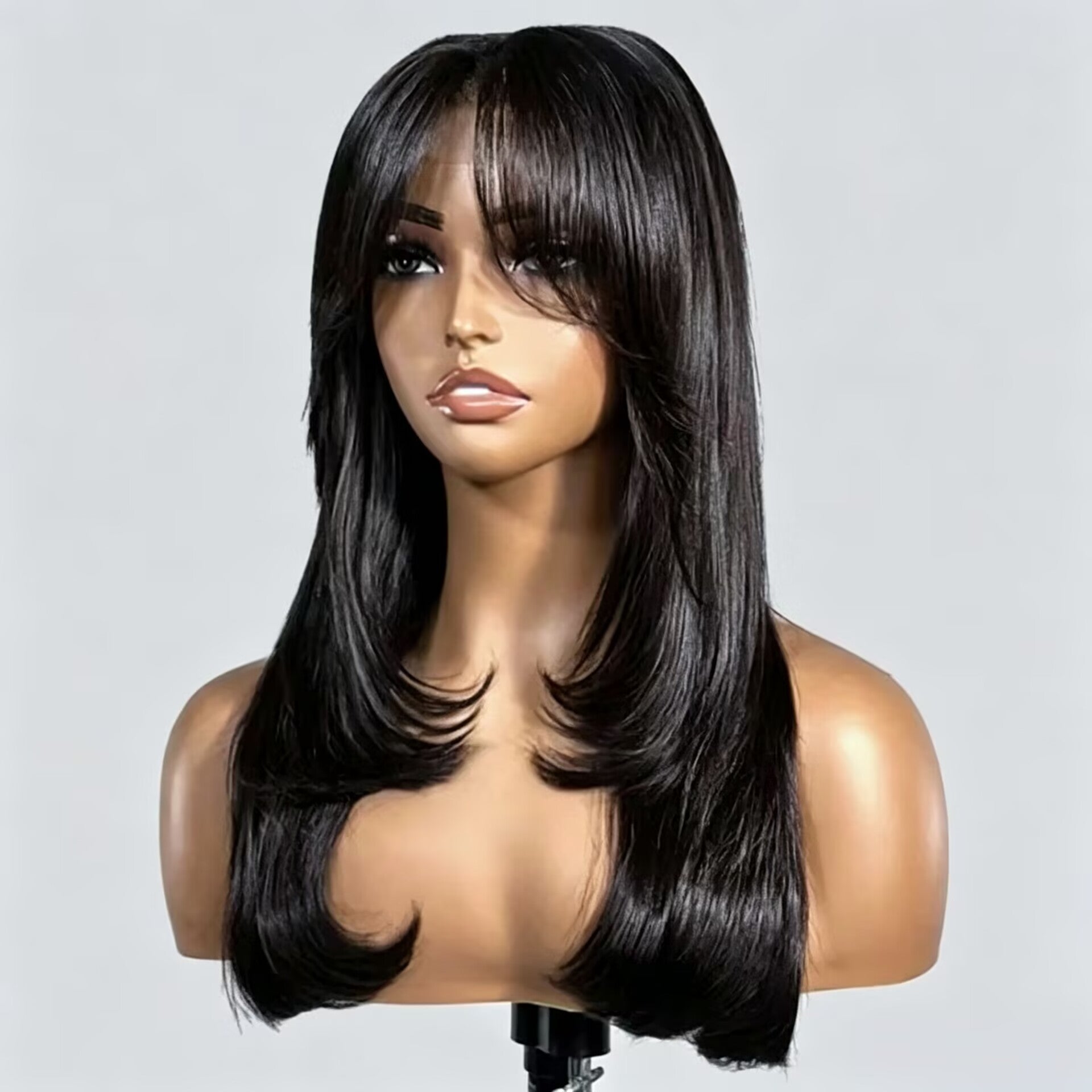 Zlike Layered Straight Curtain Bangs Glueless 13x4 Lace Frontal Wig Pre-Cut Human Hair Wig