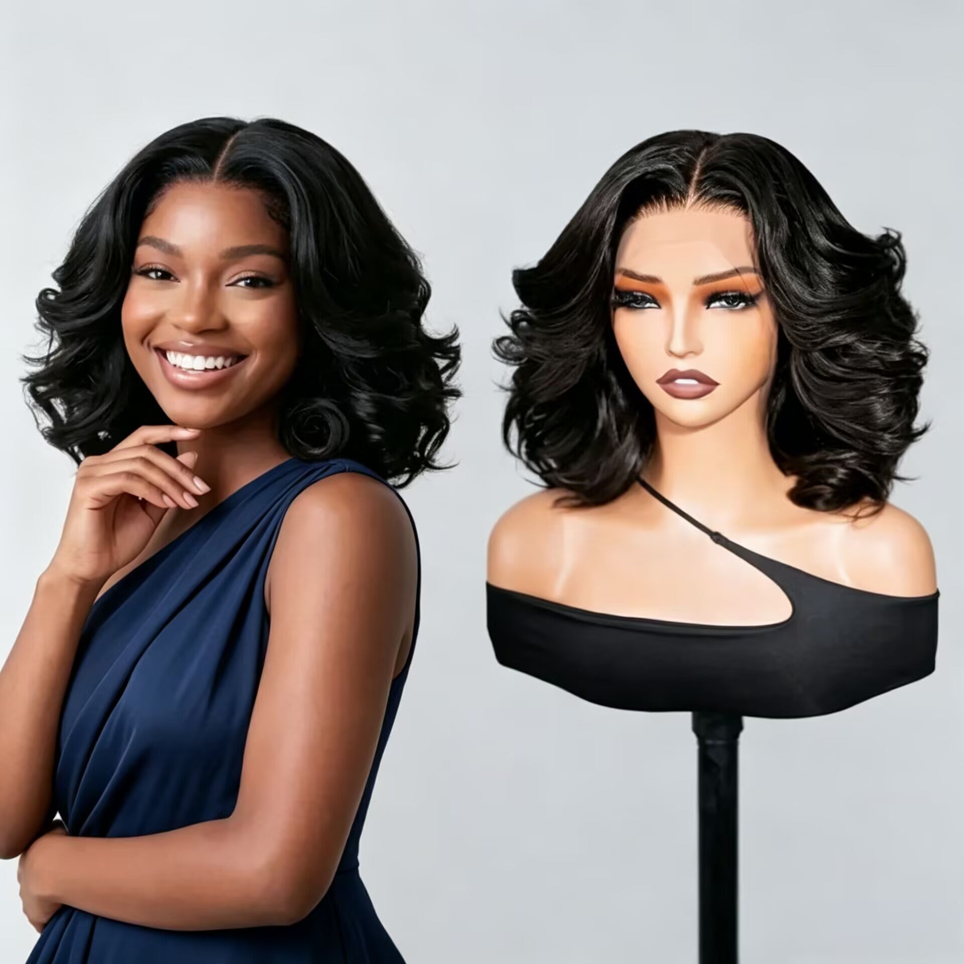 Zlike 7x5 Frontal Lace Loose Wave Bob Wig Pre-Cut Lace Glueless Human Hair Wig Natural Black Beginner Friendly