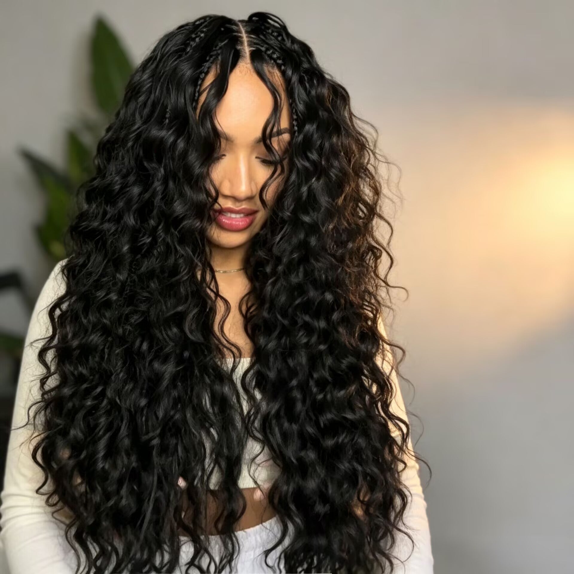 Zlike Glueless Long Loose Curls  with Braided Parting 7x5 & 13x4 Transparent Lace Front Pre-Plucked Ready to Wear