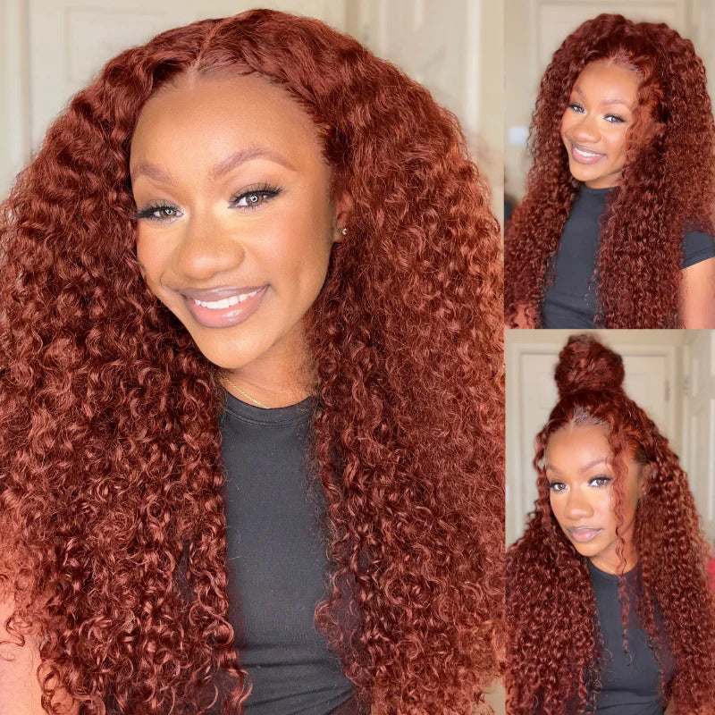 Pre Plucked #33 Reddish Brown Kinky Curly Transparent Lace Human Hair Wigs Natural Hairline