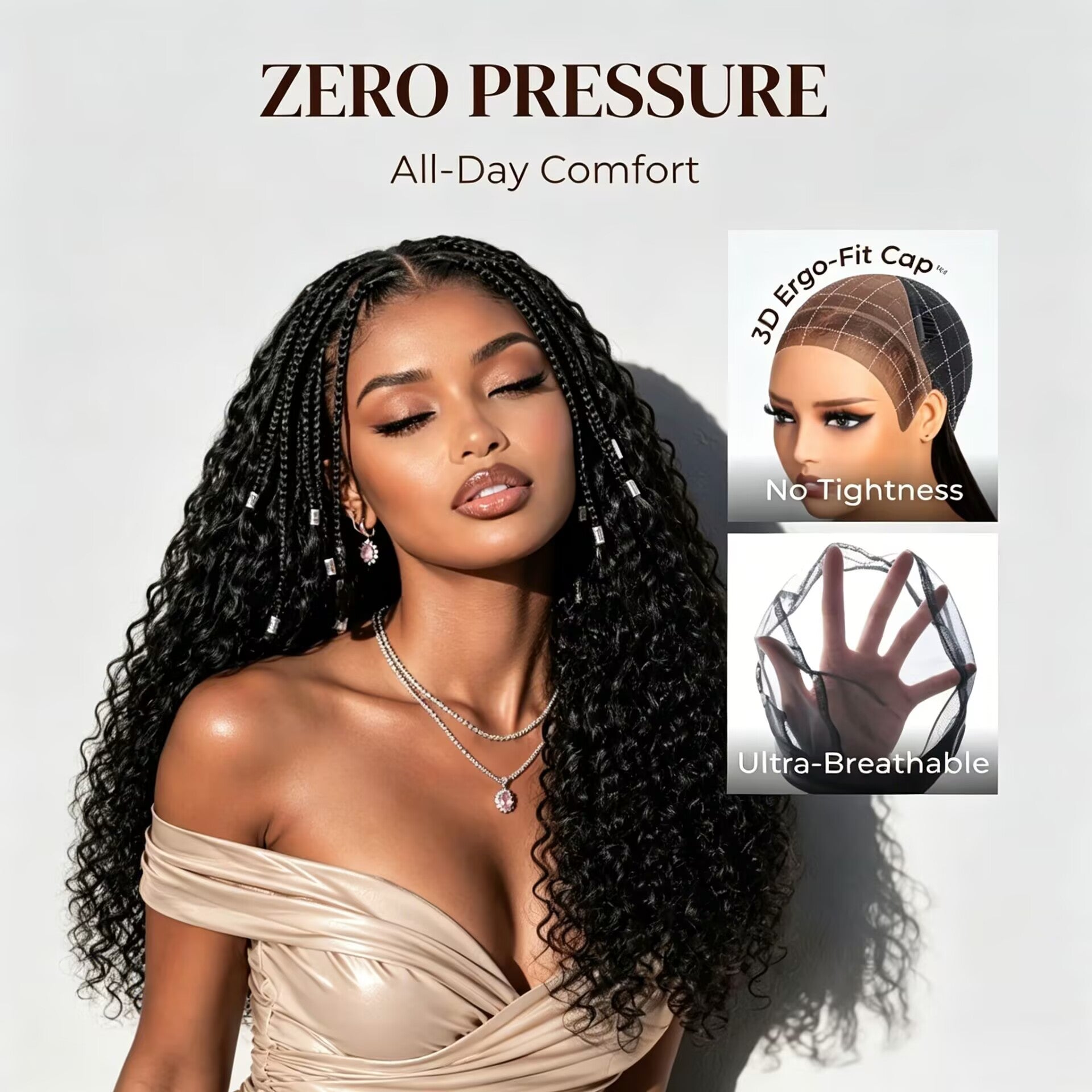Zlike Knotless Box Braids 13x6 Lace Frontal Boho Deep Curly Glueless Wig With Drawstring Natural Black 100% Human Hair