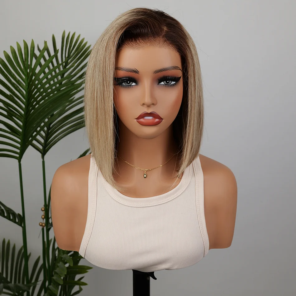 Zlike Dark Root Ash Blonde Highlight Bob Wig Glueless Lace Front Human Hair Wig