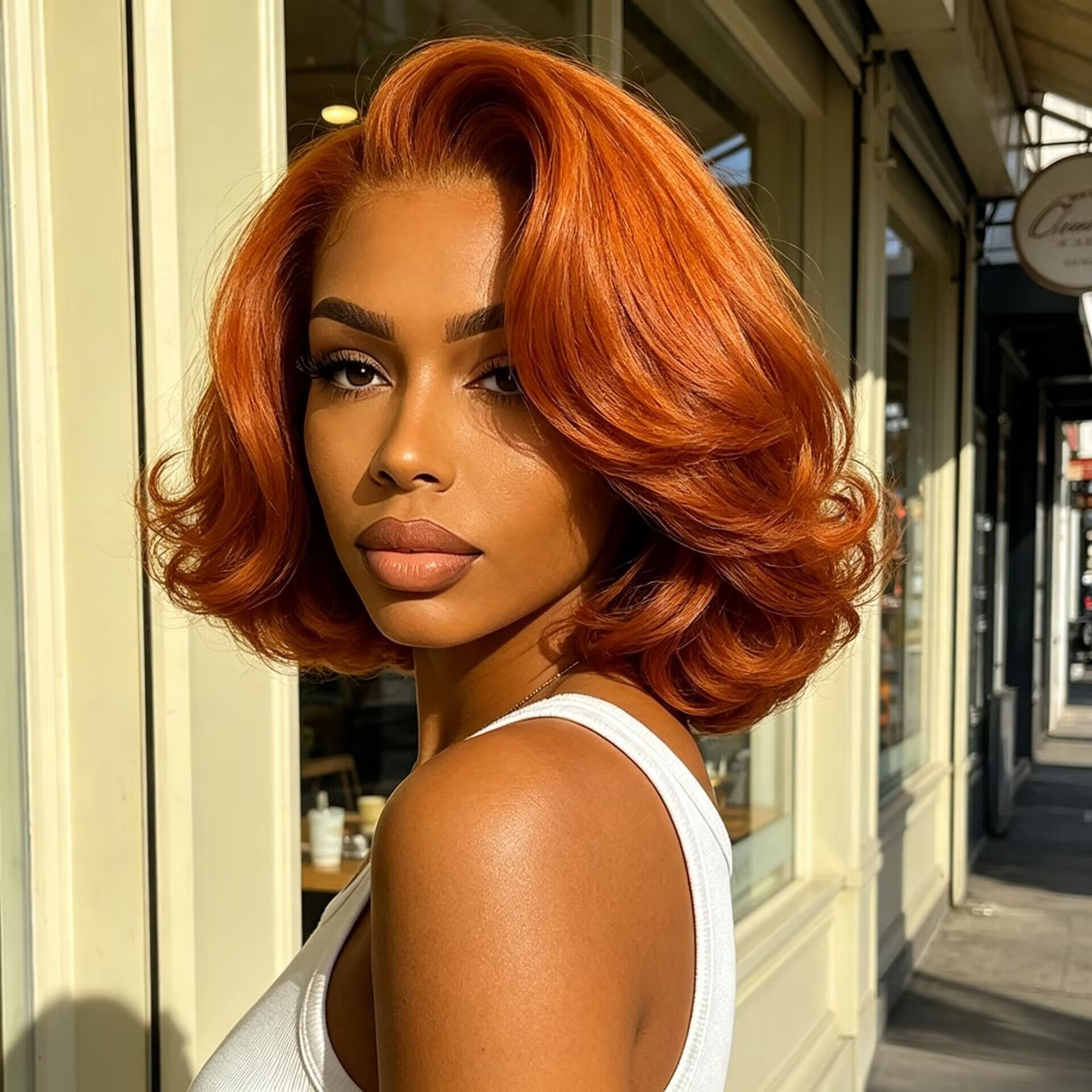 Zlike Orange Ginger Colored Short Wavy Pre-Cut Glueless Human Hair Bob Wigs