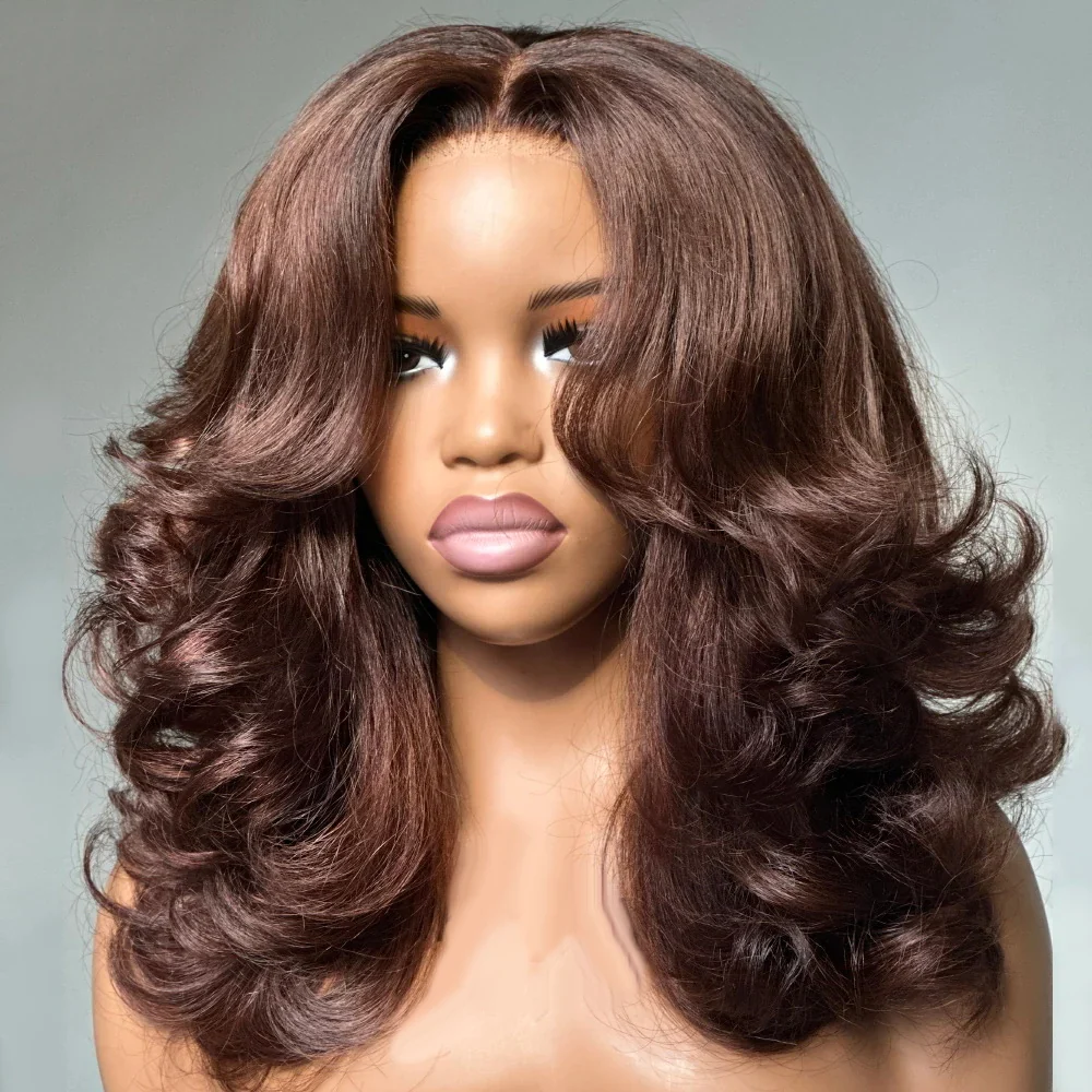 Zlike 300% Density Loose Body Wave Curtain Bangs Layered Cut Brown Colored Glueless Lace front Wig