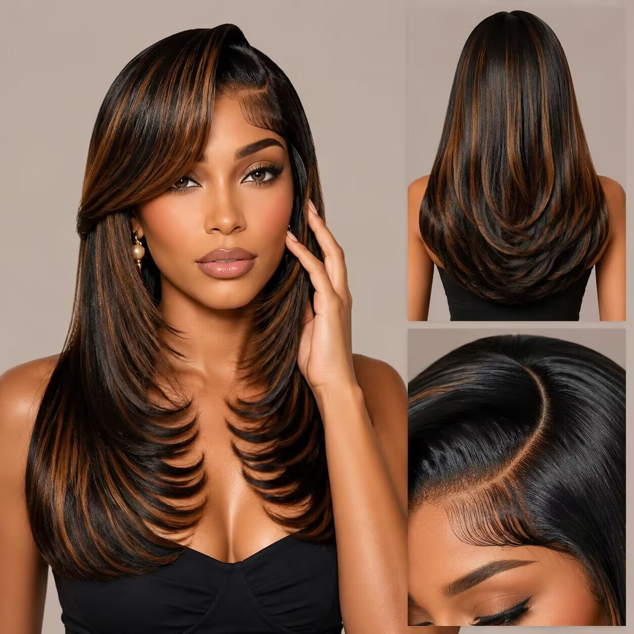 Zlike Brown Highlight Straight Human Hair Wig 7x5 Lace Glueless Wig with Face Framing Layers