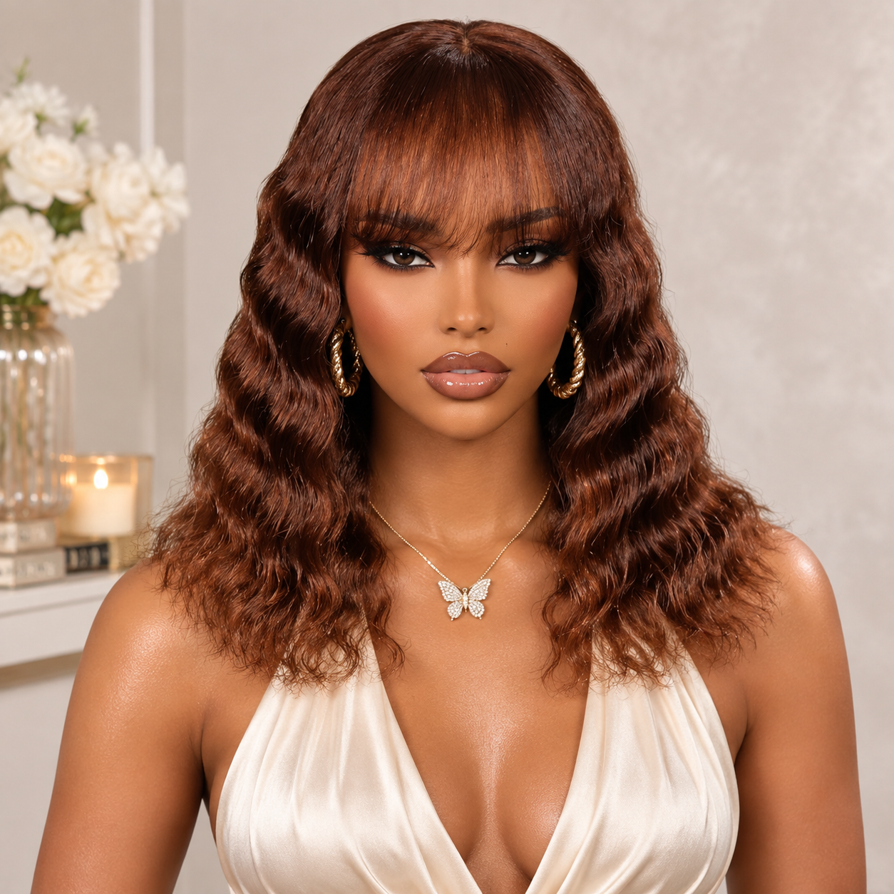 Zlike Ginger Brown Loose Deep Wave Bob Wig With Bangs 4x4 Lace Closure Human Hair Wig