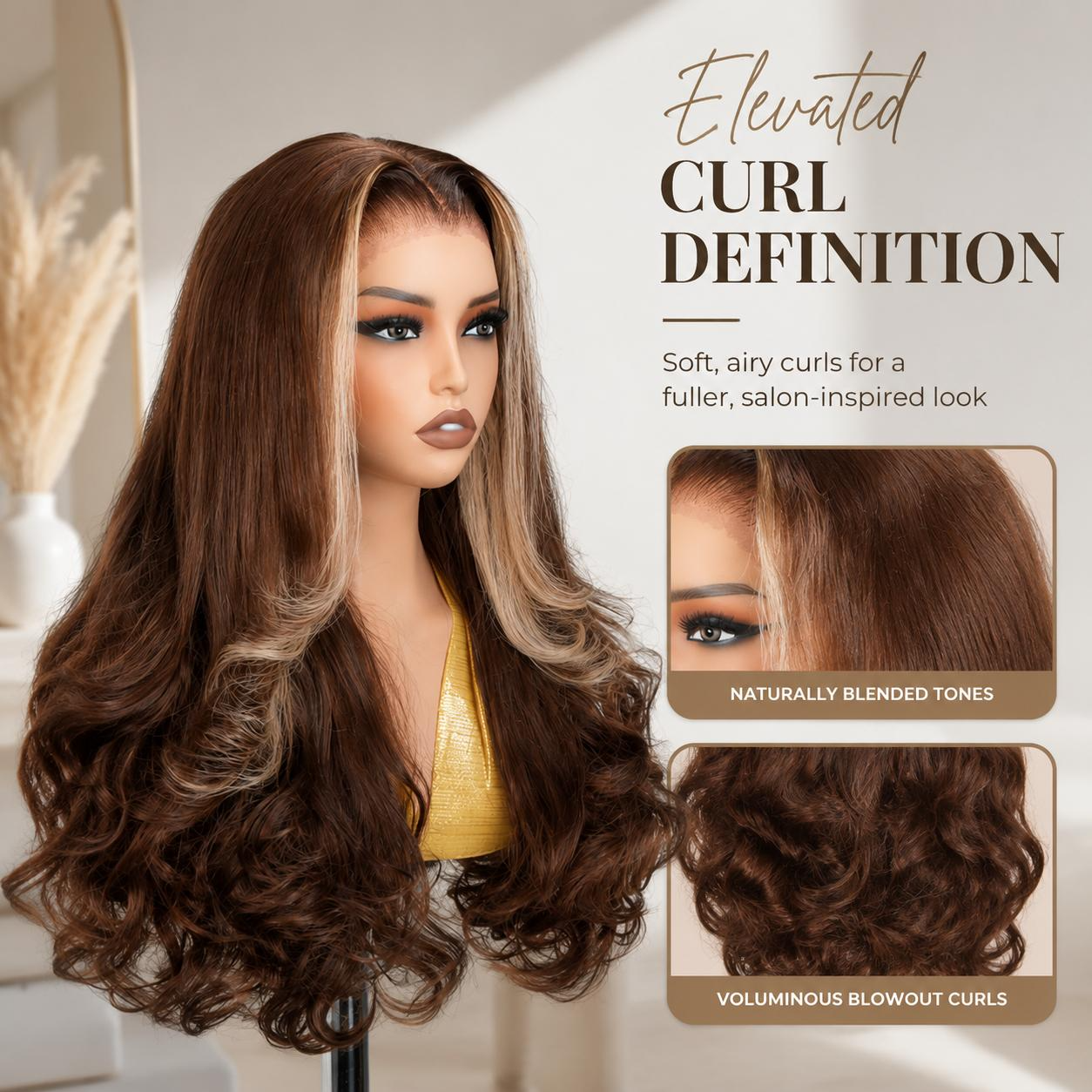 Zlike 7x5 Pre-Cut Layered Blowout Highlight Glueless Wig Human Hair Ready-to-Wear Bouncy Style with Curled Ends