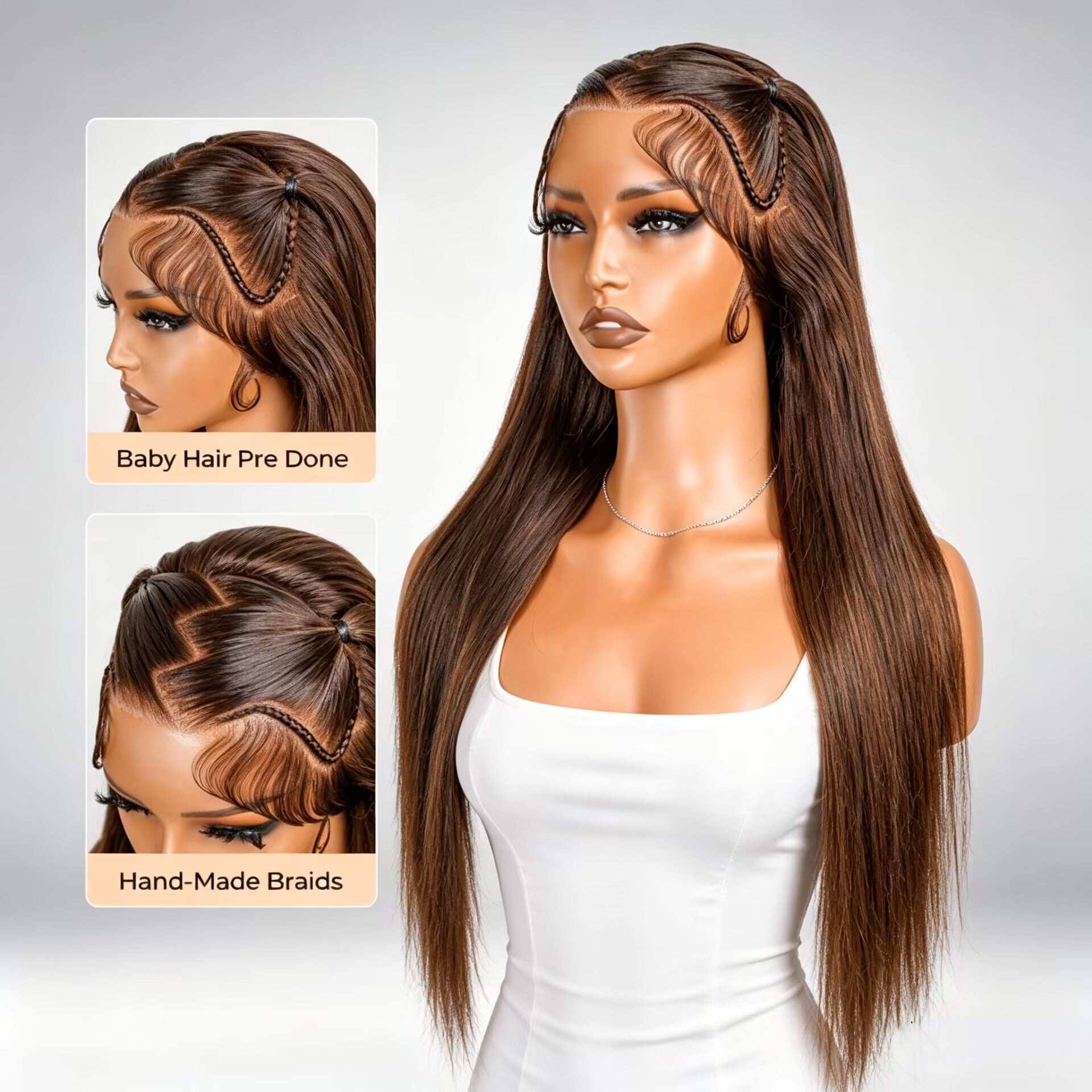 Zlike Brown Pre-Styled Zig Zag Part Straight Glueless 13x4 Lace Front Human Hair Wig