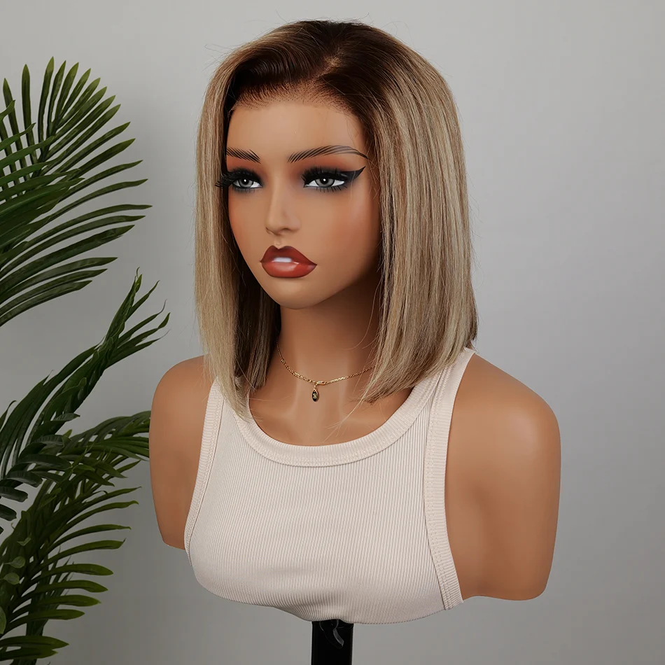Zlike Mushroom Blonde Highlight Bob Wig With Dark Roots Glueless Lace Front Human Hair Wig Natural Looking